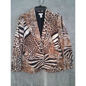Chicos Sm Blazer Animal Safari Print Neutral Tan Black Leopard Zebra Giraffe